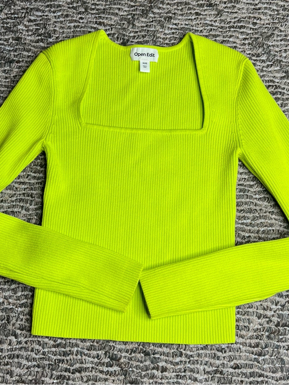 Open Edit Neon Lime Ribbed Long Sleeve Square Neck Top